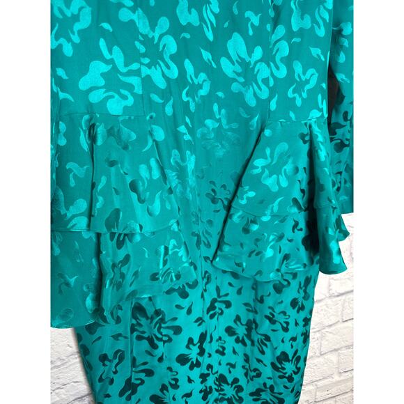 Pape'll Petites Vintage Turquoise 100% Silk Long Sleeve Peplum Midi Dress SZ 4P - Picture 3 of 5